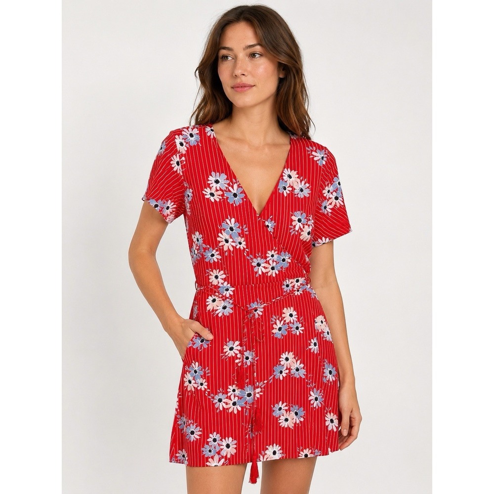 Madewell Red Floral Stripe Wrap Dress Women's Size 14 Cottagecore Summer